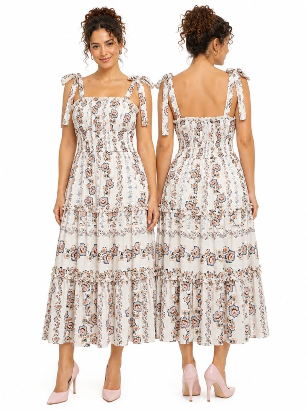 Trixxi Floral Smocked Tiered Maxi Dress White Boho Tie Strap26E5903RI size S NWT
